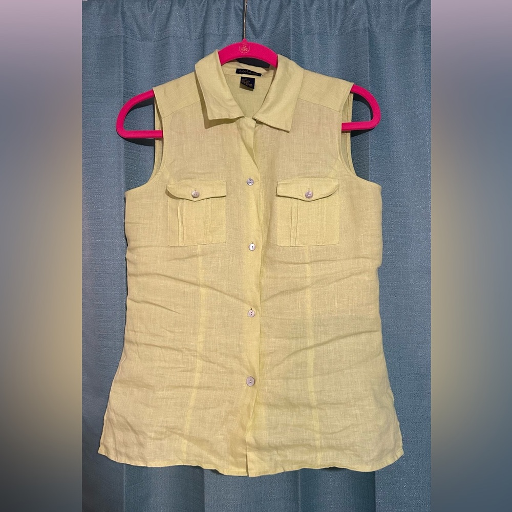 Sleeveless Lime Green 100% Linen Button-Up Shirt